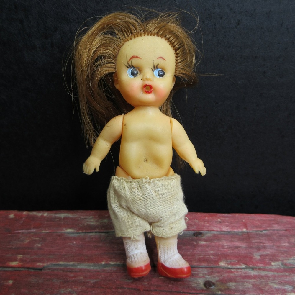 Vintage Made in Japan Small Plastic Doll Reddish Brown Hair Blue Eyes 4.5"